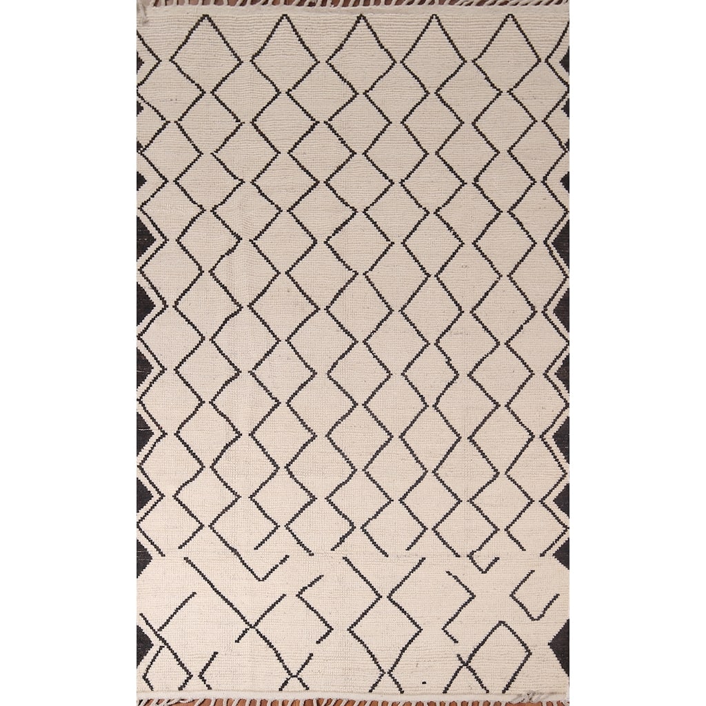 Trellis Ivory Moroccan Area Rug Handmade Geometric Wool Carpet - 5'11"x 9'8"