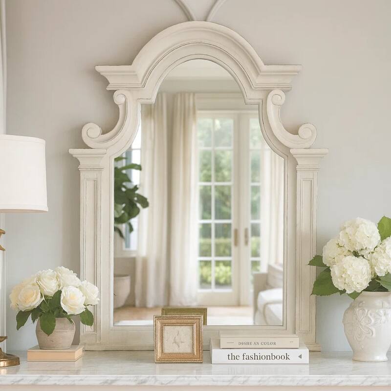 Scalloped Design Wooden Frame Mirror with Distressed Detail, White