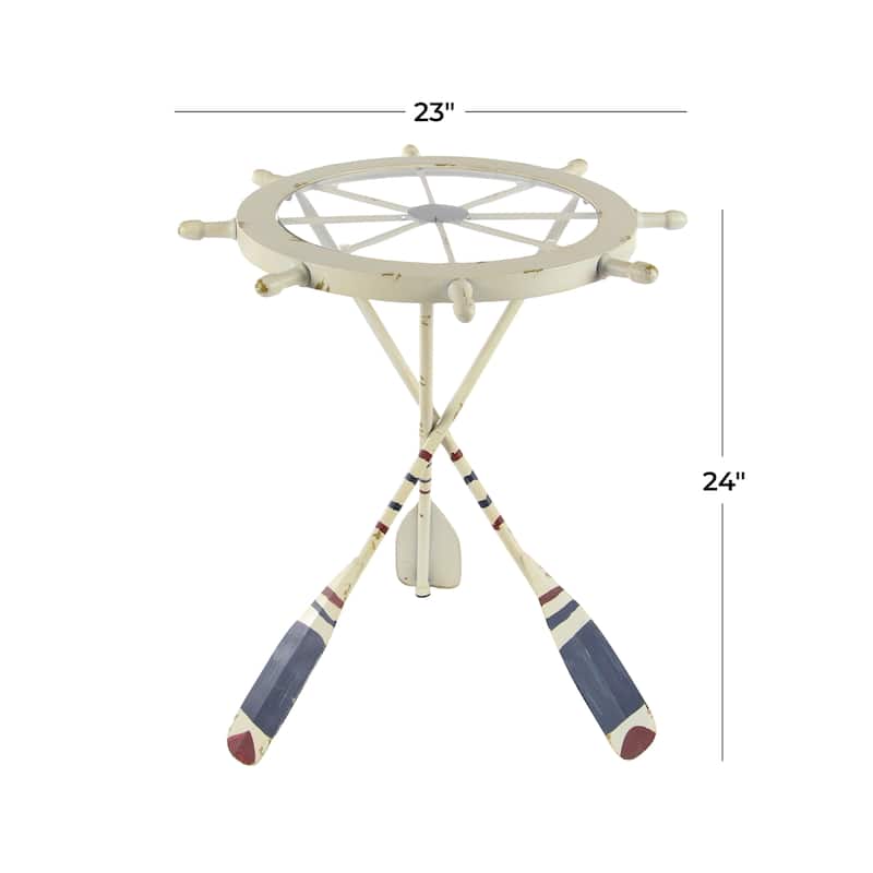 Metal Ship Wheel Top Accent Table with Oar Shaped Legs - White - Roche River Decor - 23"W x 23"L x 24"H