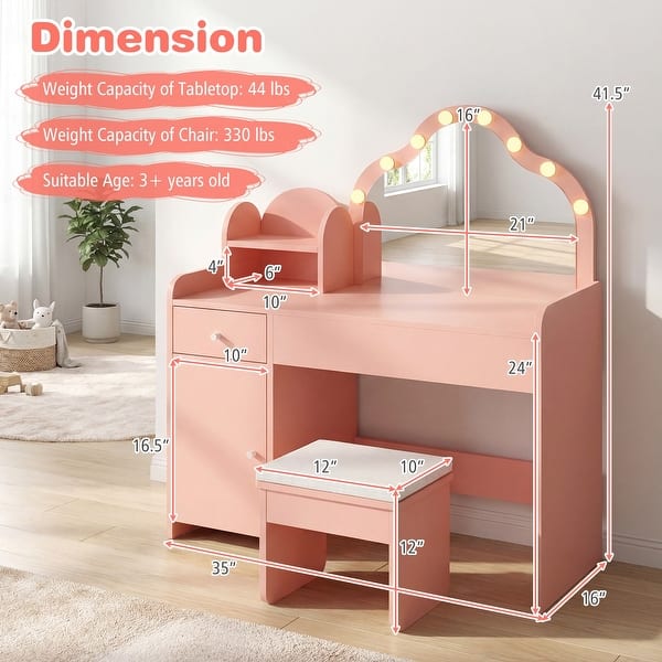 Gymax Kids Vanity Set Princess Pretend Play Makeup Desk w/ Cute