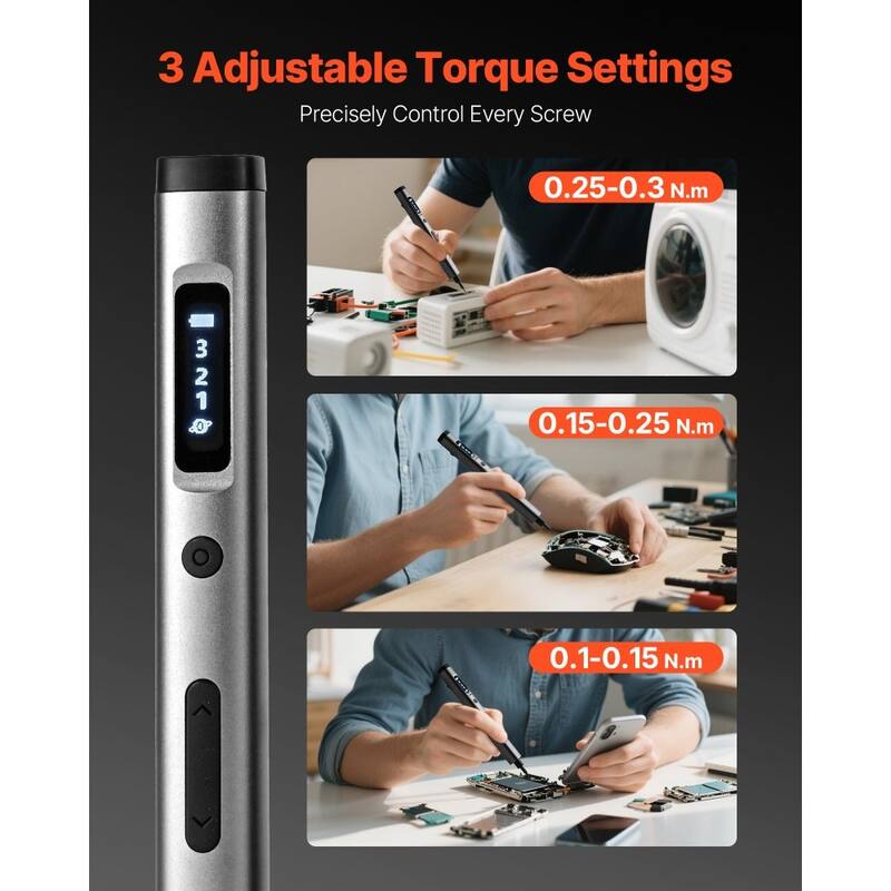 Black Electric Precision Screwdriver Set with 52 Bits, Adjustable Torque, LED Lights and Rechargeable Battery