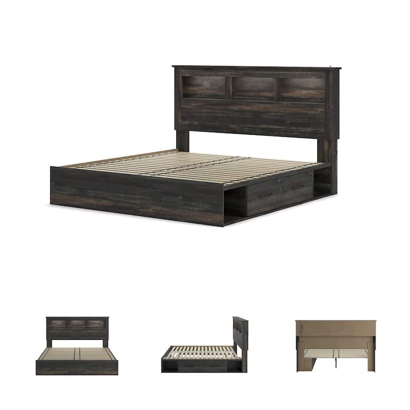 Drystan Rustic Brown Bookcase Bed with 2 Under Bed Storage Drawers