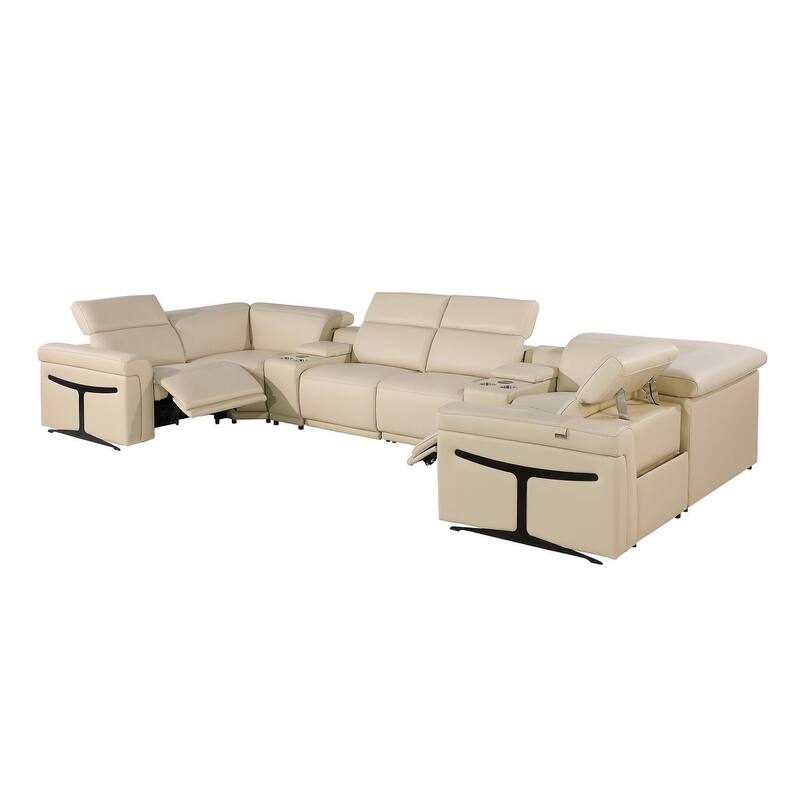 HomeRoots Beige Italian Leather Power Reclining U Shaped Eight Piece Corner Sectional With Console