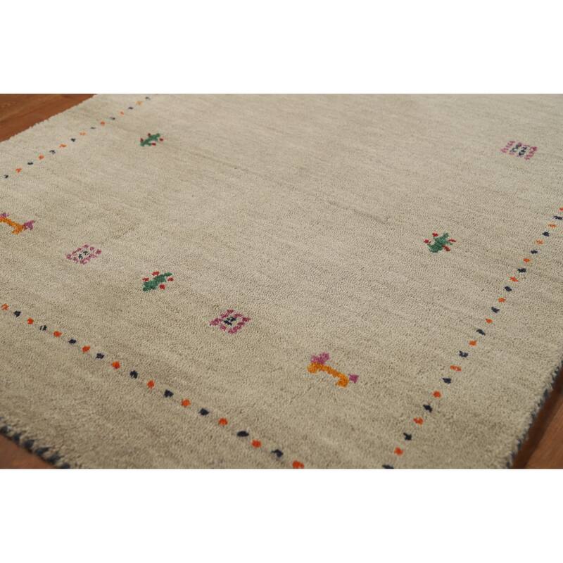 Hand Knotted Oriental 100% Wool Carpet Tribal Animal Pictorial Beige & Ivories Gabbeh Area Rug - 4' 10'' X 2' 9''