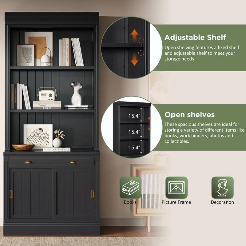 83.4" Tall Bookshelf, Modern Bookcase with Sliding Doors & Open Shelves