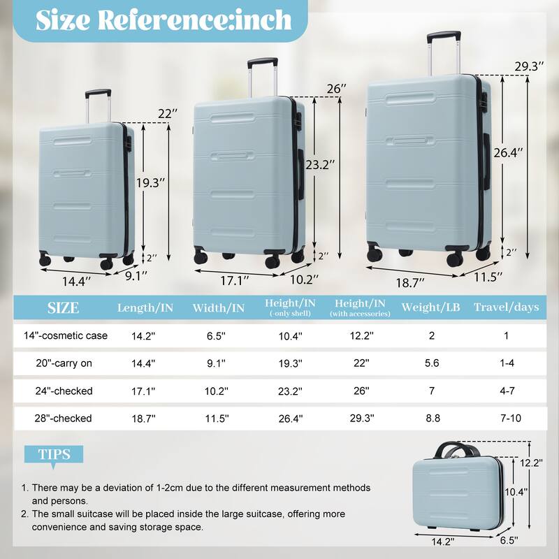 6 Piece Luggage Set, with Double Spinner Wheels Handle Password Lock, 14 IN Cosmetic Case 20/24/28 IN Luggages with Bag