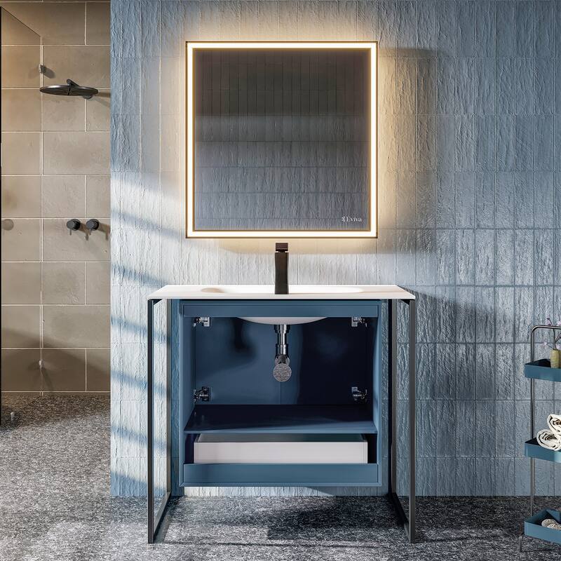Moma 32" Blue SS Bath Vanity with Solid Surface Top and Integrated Sink