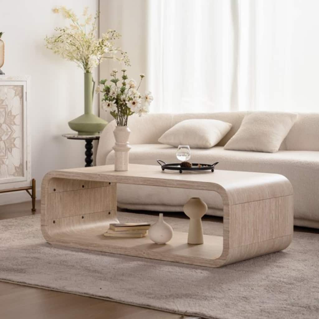 Modern Open-Frame Elegant Curved Light Wood Coffee Table, with Open Storage for Contemporary Living Rooms