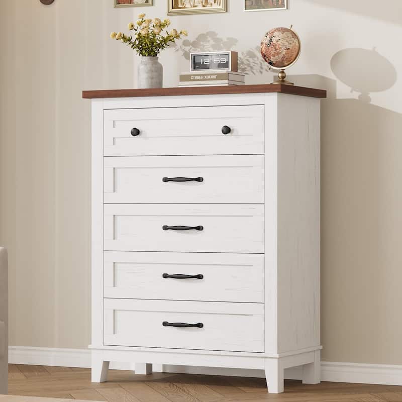 5 Drawer Dresser for Bedroom, Tall Freestanding Chest with Wood Frame and Vertical Storage - Brown+White