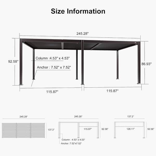 dimension image slide 32 of 36, PURPLE LEAF Outdoor Louvered Pergola with Adjustable Metal Roof for Patio Pergola