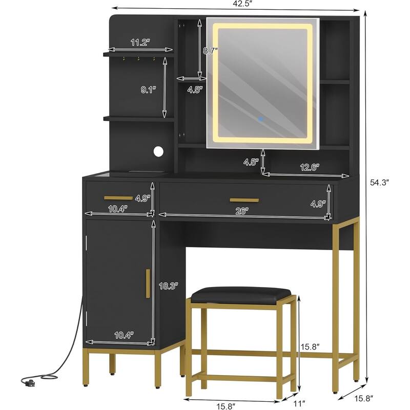 Makeup Vanity Desk with LED Lighted Mirror, Charging Station, Visible Drawers & Jewelry Hooks