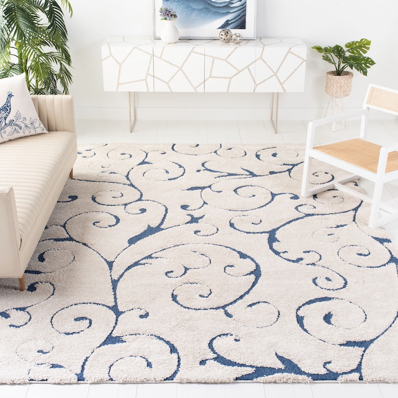 SAFAVIEH Florida Shag Shahin Scroll 1.2-inch Thick Textured Rug - 6' x 9' - Cream/Blue - Rectangle