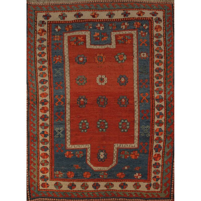 Hand Knotted Oriental 100% Wool Carpet Traditional Geometric Red Kazak Area Rug - 4' 9'' X 4' 0''