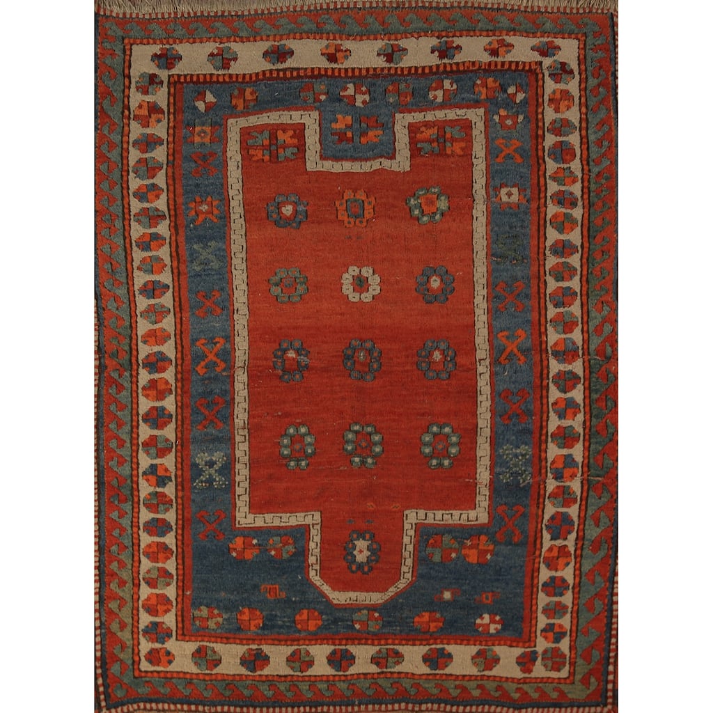 Hand Knotted Oriental 100% Wool Carpet Traditional Geometric Red Kazak Area Rug - 4' 9'' X 4' 0''