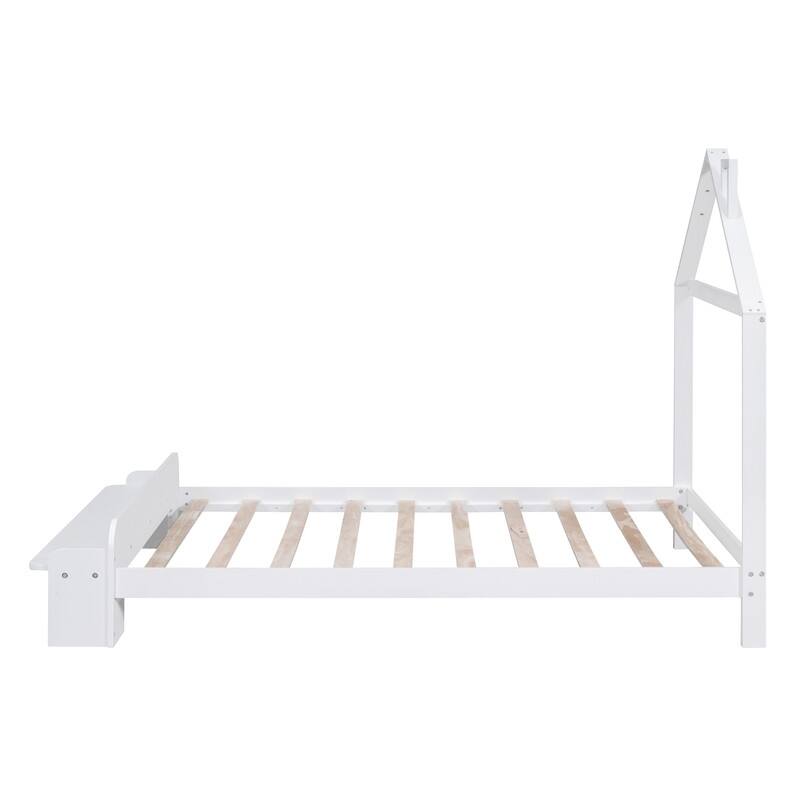 Full Size Wood Platform Bed with House-shaped Headboard and Footboard Bench