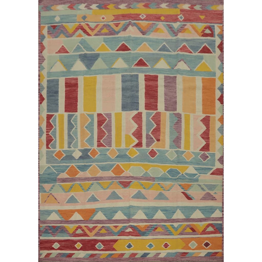 Hand Woven Oriental 100% Wool Carpet Southwestern Tribal Multi-Colored Kilim Area Rug - 9' 10'' X 8' 3''