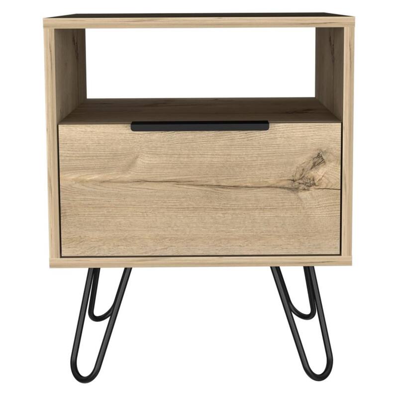 Light Oak Nightstand with Hairpin Legs, Single Door Cabinet, Side Table