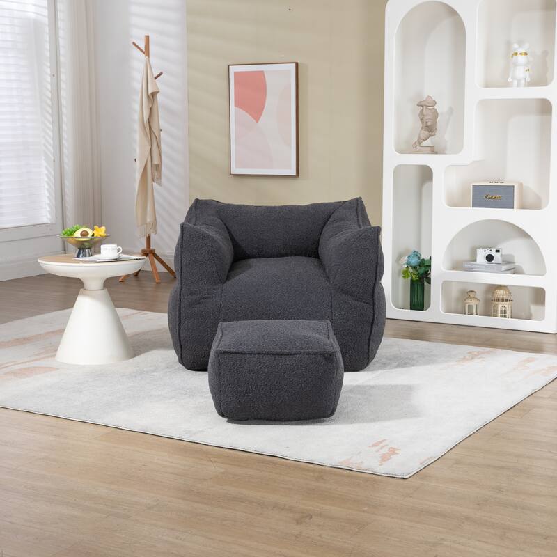 Boucle Upholstered Deep Seat Armless Square Bean Bag Chair with Ottoman - Black