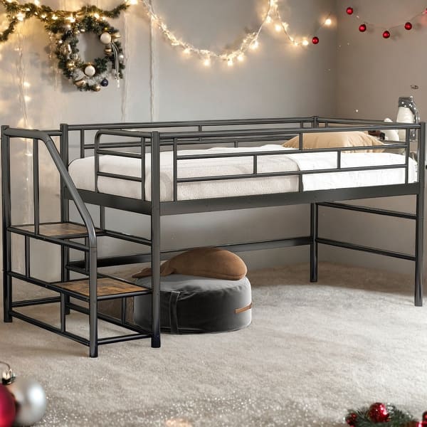 slide 2 of 8, Contemporary Design Twin Mid Loft Bed with Storage stairs, Solid Construction & Versatility galore, Superior Quality, Black Black