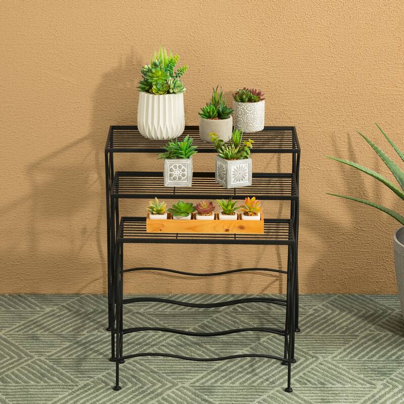Glitzhome Set of 3 Large-capacity Multifunctional Metal Planter Stands Nesting Side Tables Bakers Racks
