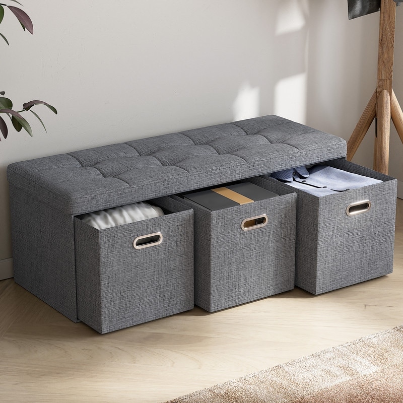 Foldable Linen Large Bench Storage Ottoman with 3 Drawer Cubes - 40"L