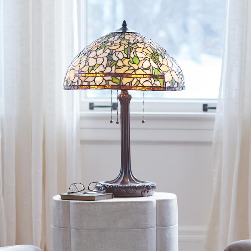 Daffodil River of Goods Tiffany-Style Yellow, Green and White Stained Glass 26-Inch Table Lamp - 18" x 18" x 25.75"