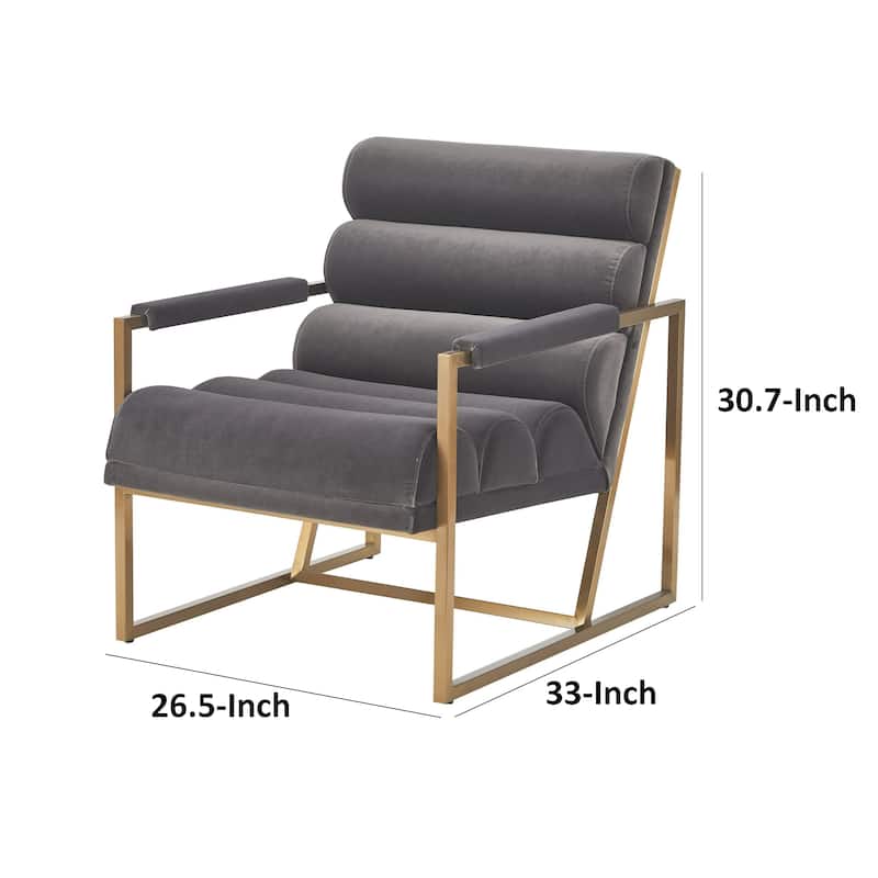 Cid Dave 27 Inch Accent Chair, Tufted Gray Velvet, Square Steel Legs, Brass
