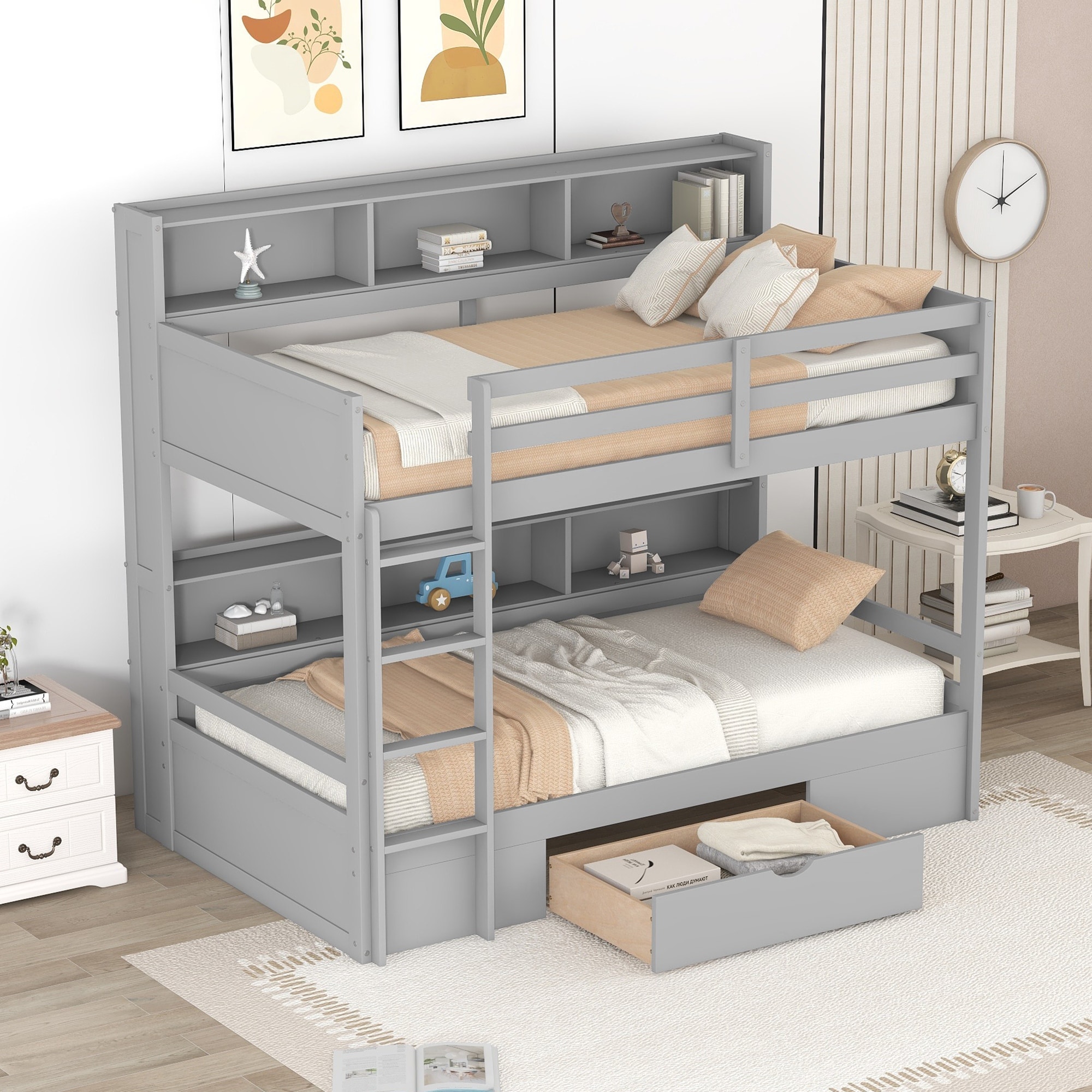 Twin Bunk Bed with All-in-one Cabinet Shelf Beside Both Upper Bed and Down Bed, Drawers Underneath - Twin over Twin Bed