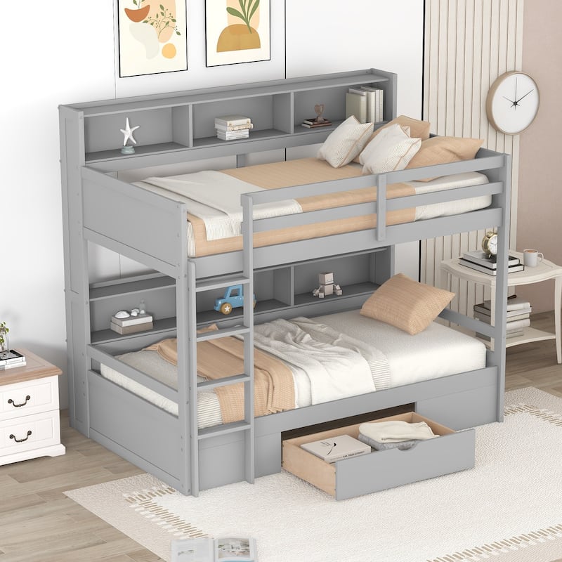Twin Size Bunk Bed with Built-in Shelves and Storage Drawer, Gray