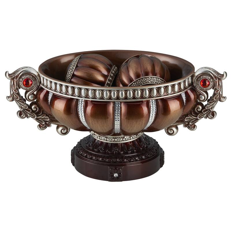 HomeRoots 9" Reddish Bronze And Silver Polyresin Decorative Bowl With Orbs - 7.75' X '8.75' X '16.25