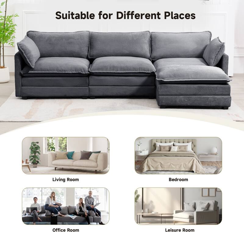 3-Seat Corduroy Modular Sofa with an Independent Removable Ottoman for Living Room or Business
