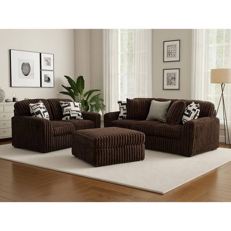 Roundhill Furniture Solenne Chair and Ottoman Set, Oversized Chair and Ottoman with Jumbo Corduroy Upholstery - Brown