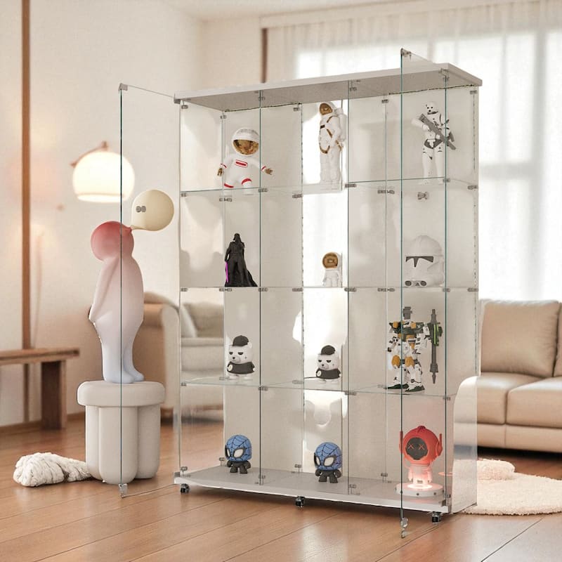 65" Tempered Glass Display Cabinet with Bluetooth LED Lights, Lockable Doors, Casters, 5-Shelf Storage Showcase