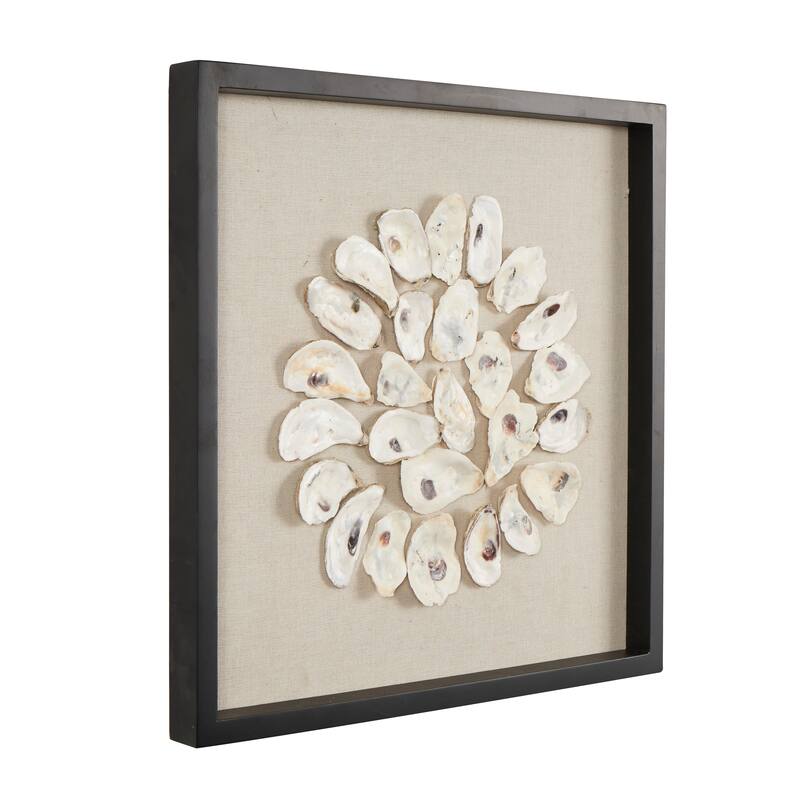 Cream Shell Handmade Abstract Circular Shell Wall Decor with Beige Linen Backing and Black Frame