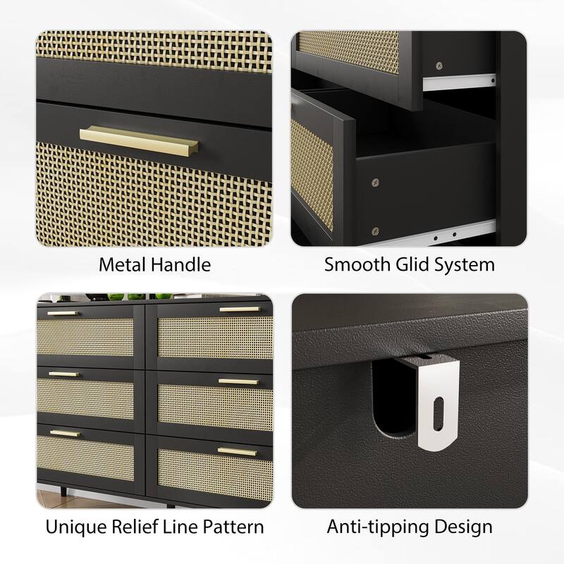 Rattan 6 Drawers Chest of Dressers for Bedroom, Wide Chest of Drawers, Rattan Dresser Storage Cabinet for Living Room, Bedroom
