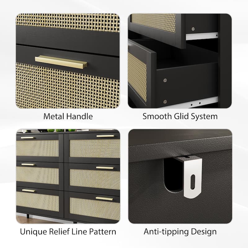 Rattan Doors 6 Drawer Dresser for Bedroom,Chest of Dressers with Gold Handles