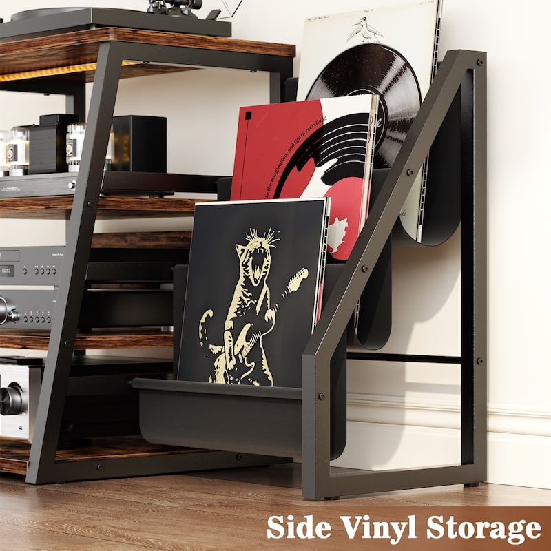 4-Tier Record Player Stand with Vinyl Record Storage ＆ LED Light ＆ Charging Station, Record Player Table, Media Console