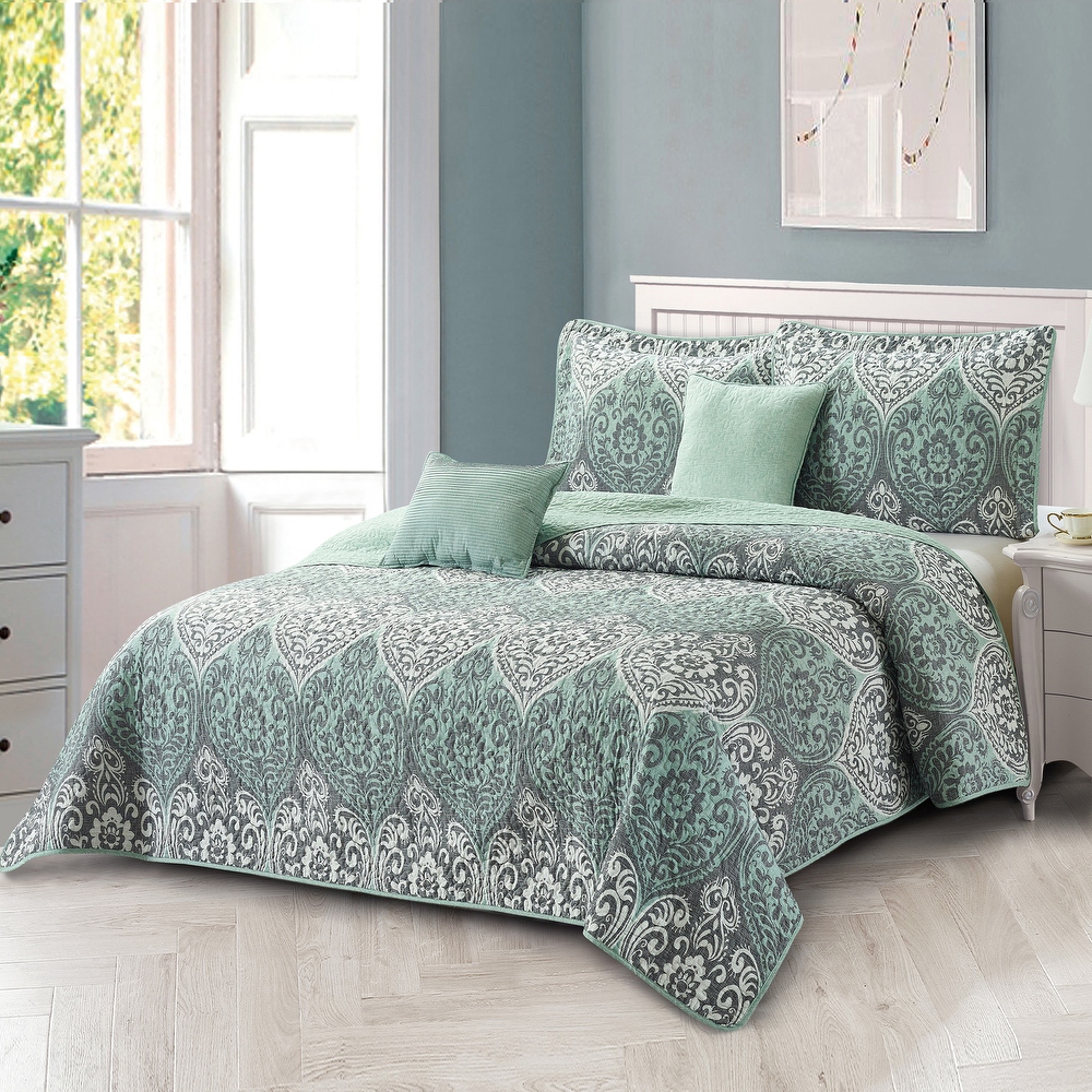 Home Soft Things 5 Piece Kingston Damask Printed Microfiber Quilts