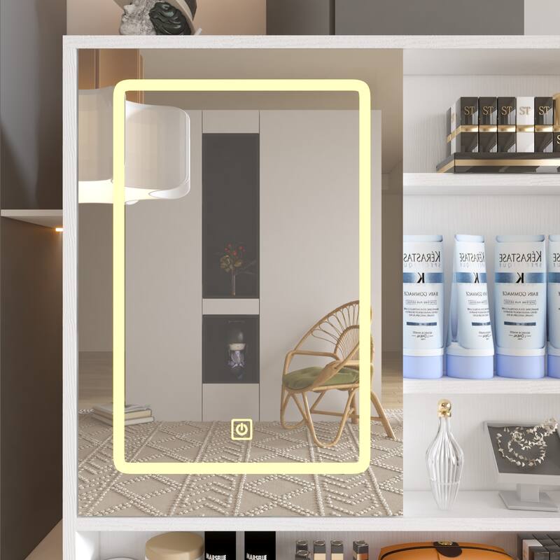 Makeup Vanity with Lights in 3 Colors & Openable Mirror, Vanity Desk with 4 Drawers & 1 Cabinets & Shelves, Vanity Table Dresser