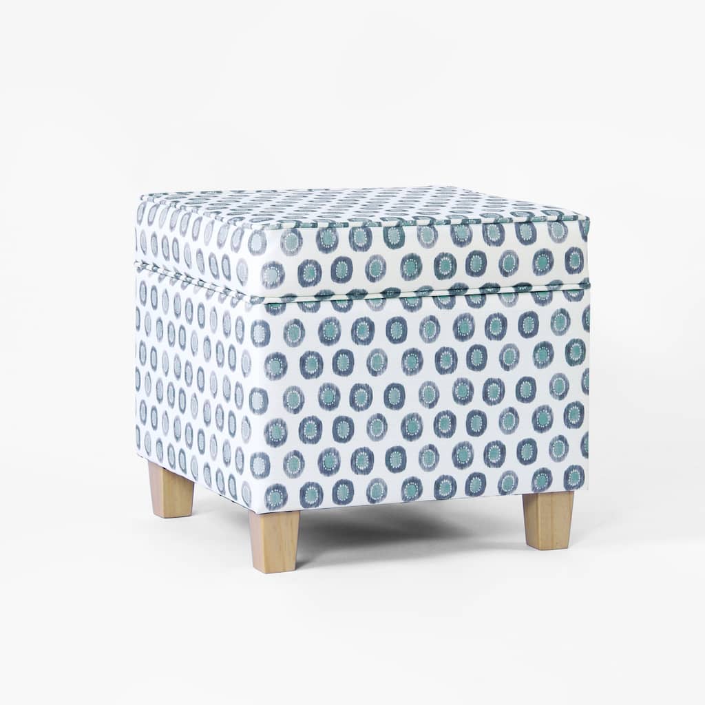 Pyp Square Storage Ottoman, 18 Inch Blue Green Pattern Print, Brown