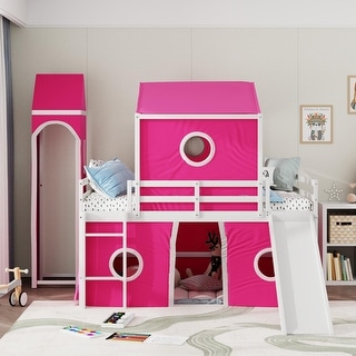 Playhouse Full Size Loft Bed with Slide Pink Tent and Tower