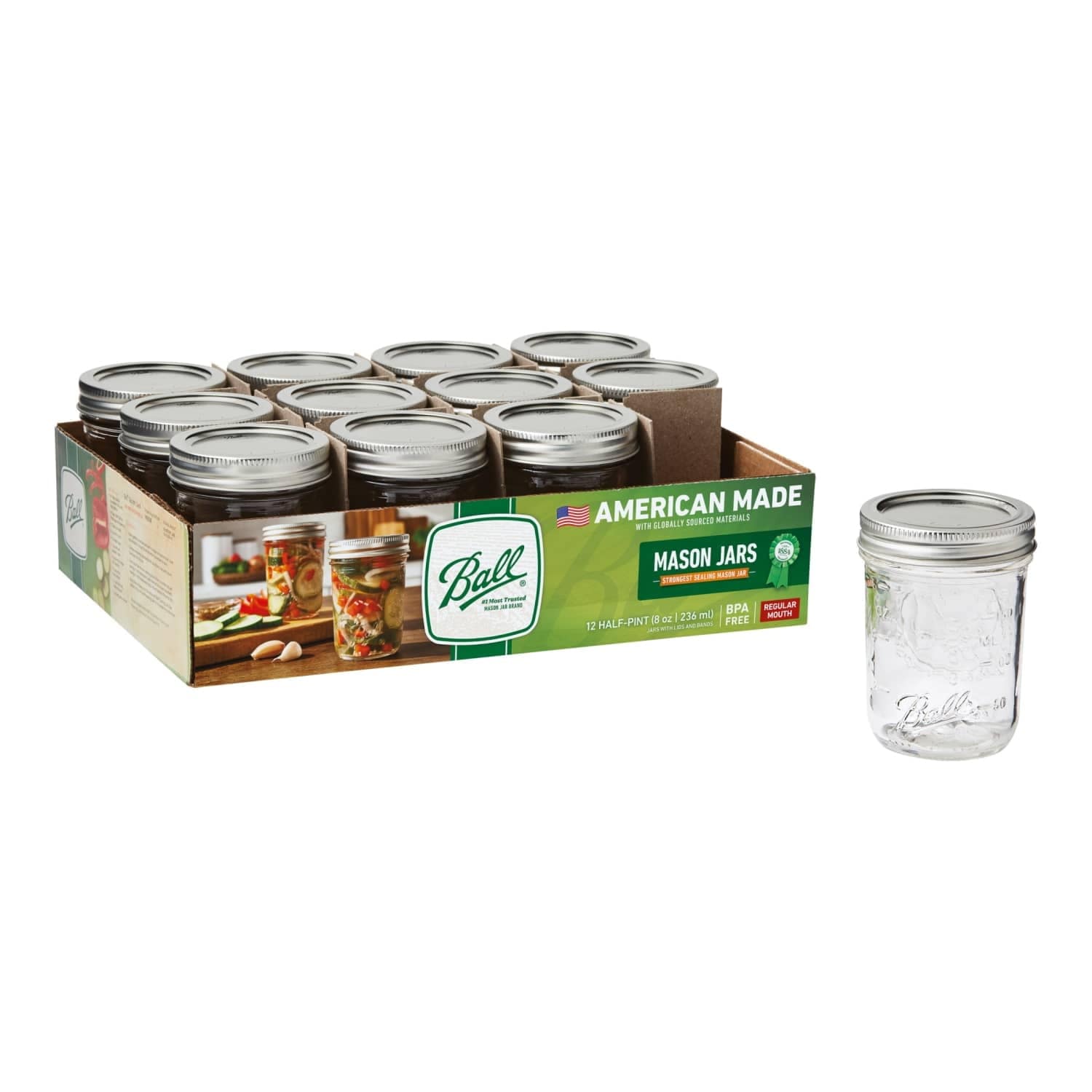 8-oz Regular Mouth Glass Canning Jars with Lids & Bands, 12-Pack