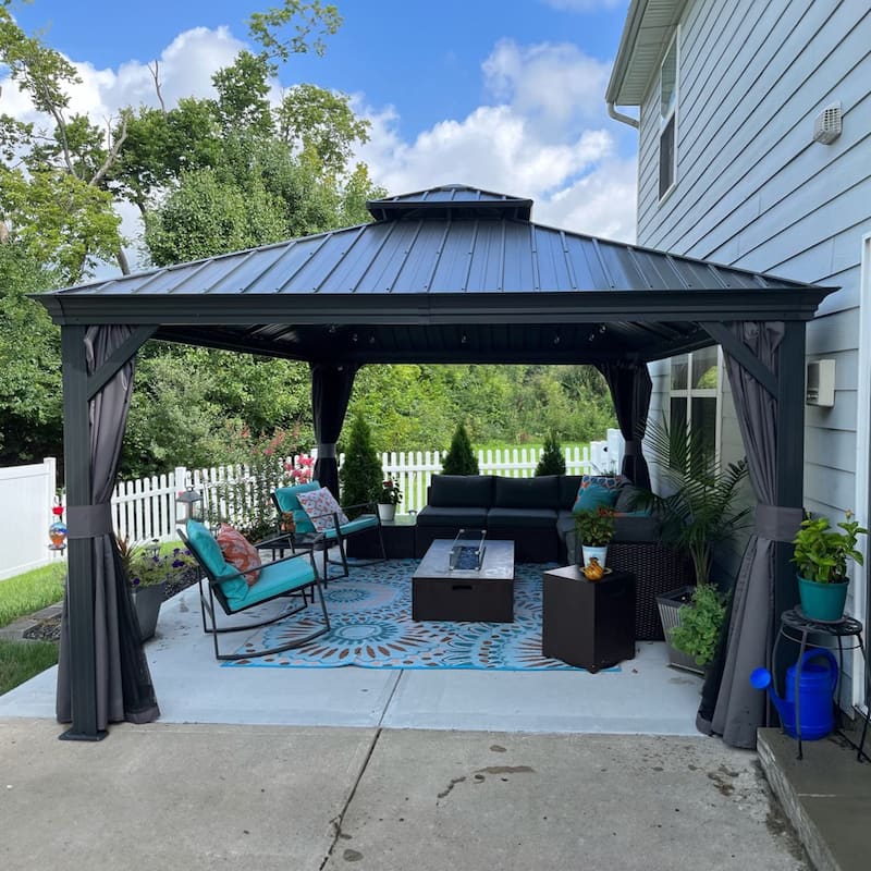 PURPLE LEAF Outdoor Galvanized Steel Hardtop Gazebo, Aluminum Frame Gazebo With Curtains