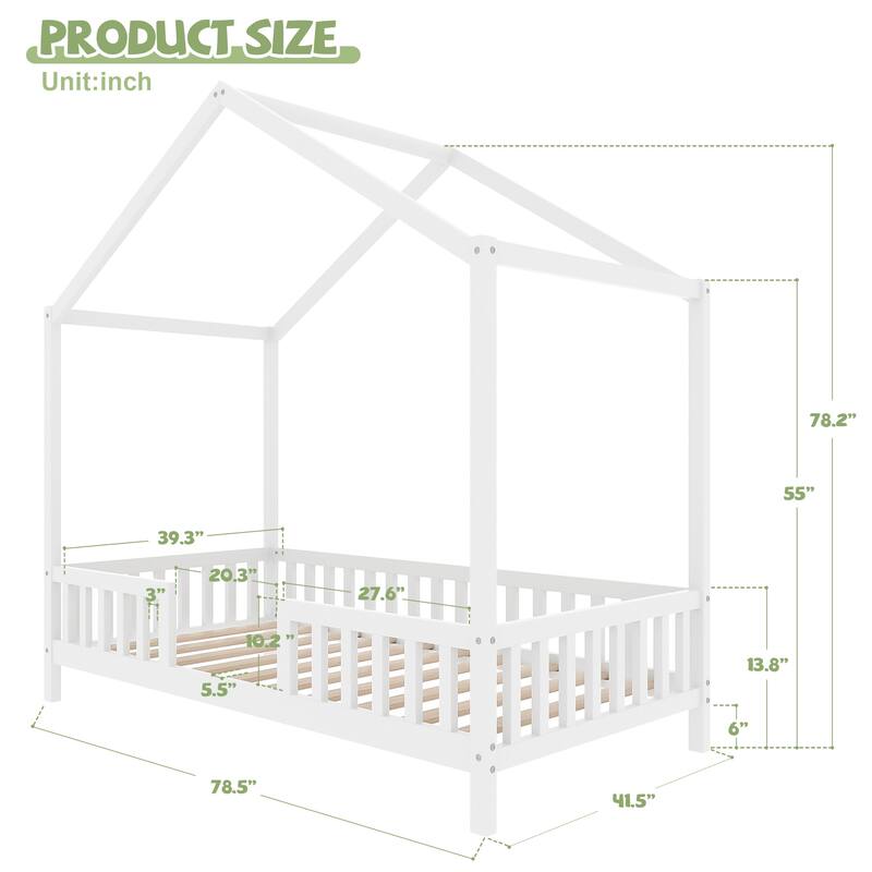 House-Shaped Twin Bed with Canopy and Railings for Kids, Montessori Floor Bed, White