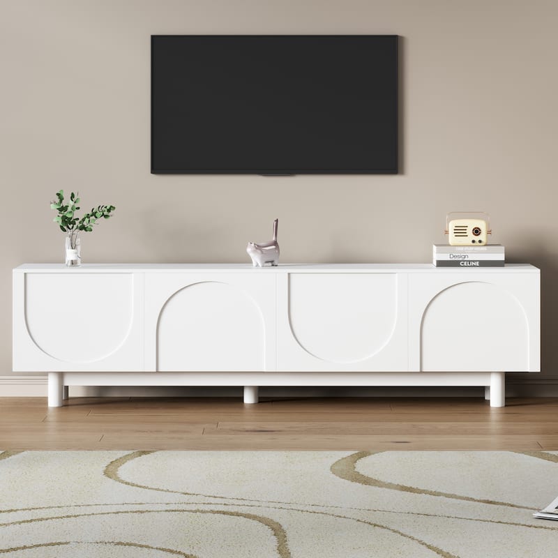 White 70.8" TV Stand with Solid Wood Legs, Arch Cabinets and Adjustable Shelves for TVs Up to 78"