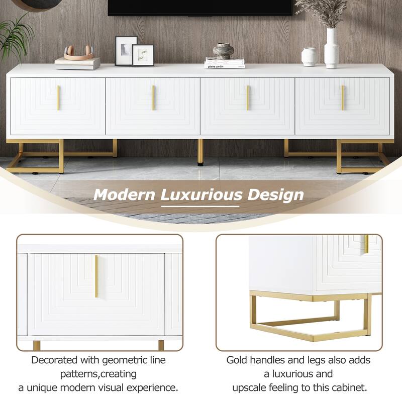 Sleek TV Console with Gold Handles, Metal Legs, Geometric Design, Adjustable Shelves for 80" TVs