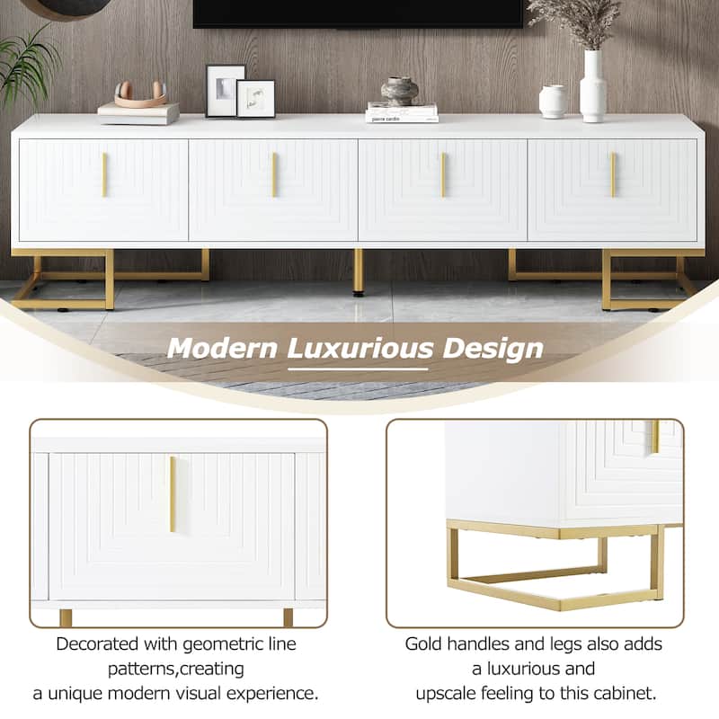 White+Gold 70" TV Stand with Gold Handles & Adjustable Shelves for TVs Up to 80"