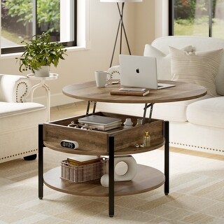 Adjustable Round Lift Top Coffee Table with Storage Shelf, Modern ...