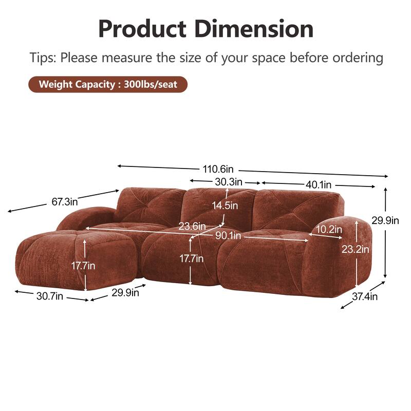 Rossetta 110'' 3-Seater L-Shaped Anti-Slip Design Retro Classic Color Velvet Tufted Modular Boneless Sofa with 1 Movable Ottoman