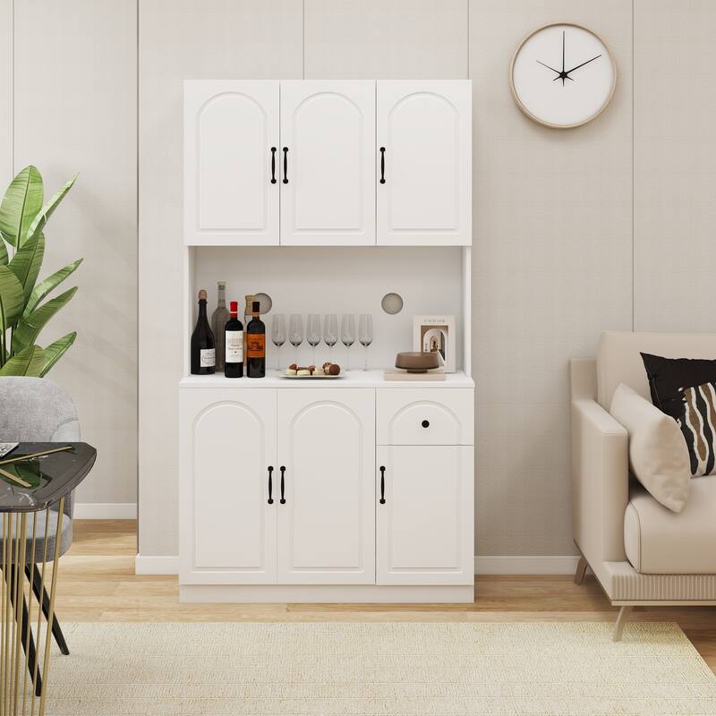 71" Kitchen Pantry Storage Cabinet with Microwave Oven Countertop, Freestanding Hutch Cabinet with Adjustable Shelves - White